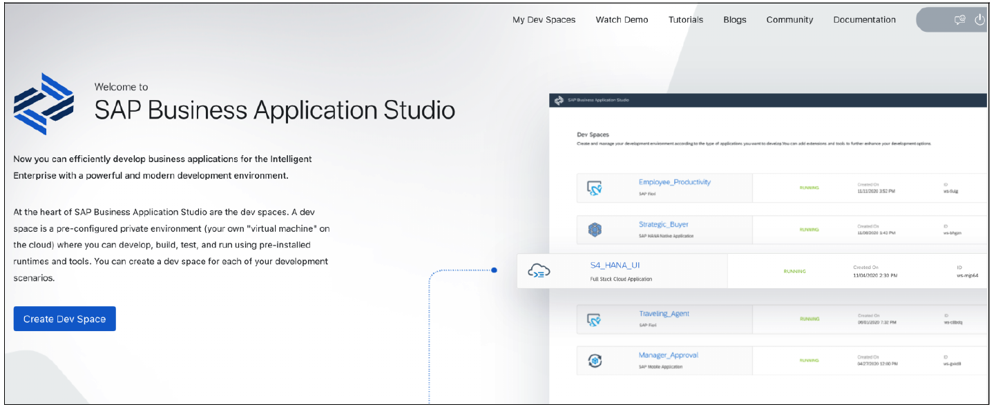 SAP Business Application Studio Welcome Screen