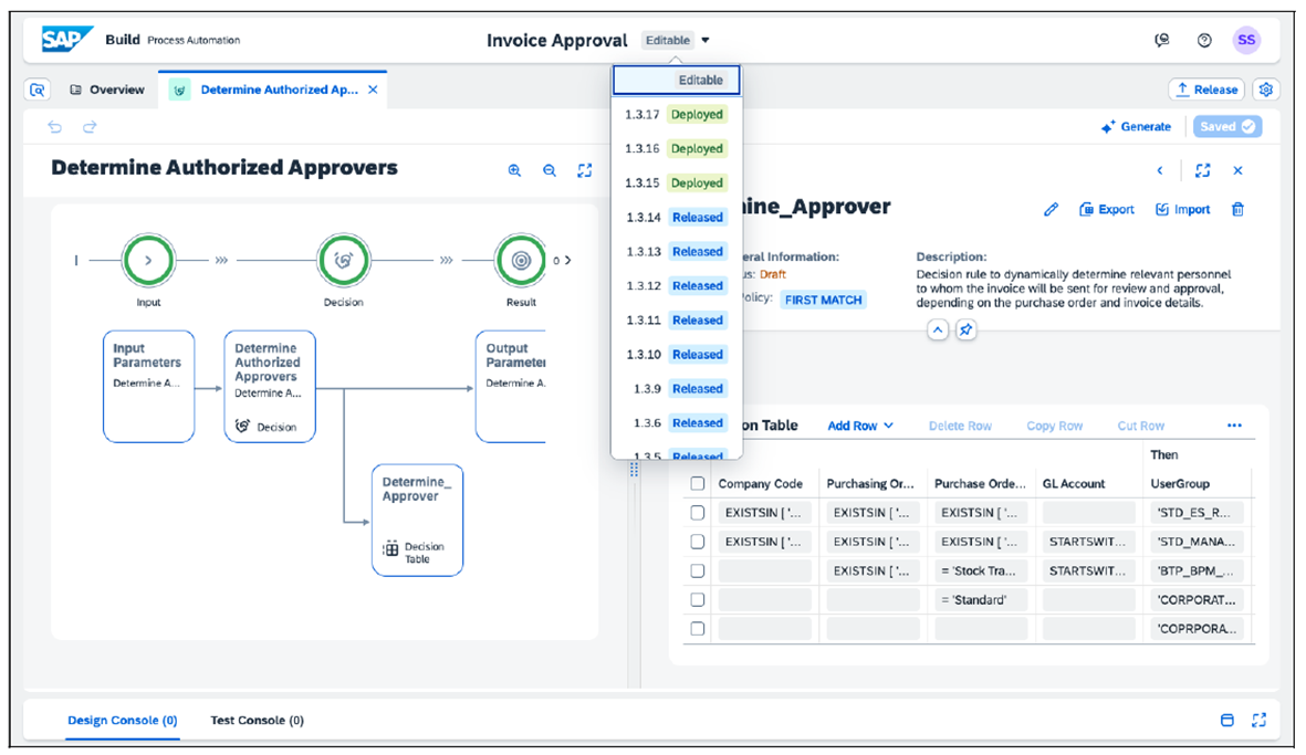 Central Decision Management in SAP Build Process Automation