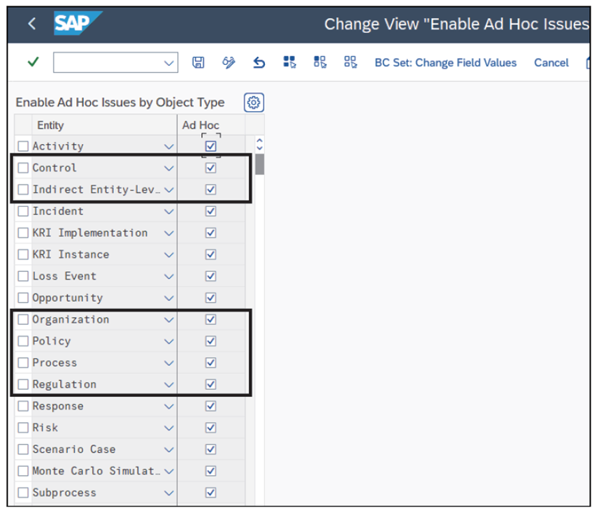 Configuración para revisar las entidades de control de procesos de SAP habilitadas para problemas ad hoc