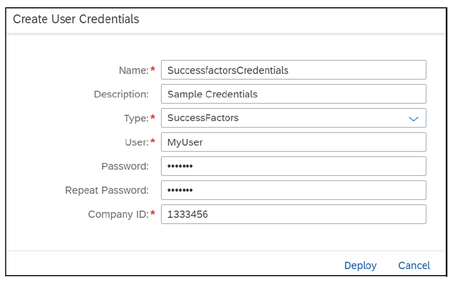 Credenciales de seguridad de muestra para un escenario de SAP SuccessFactors