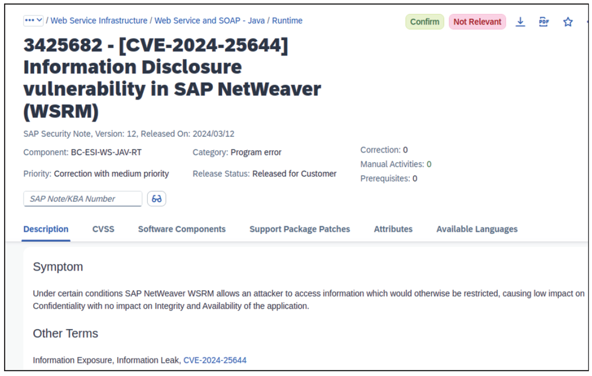 Example Security Vulnerability in SAP: CVE-2024-25644