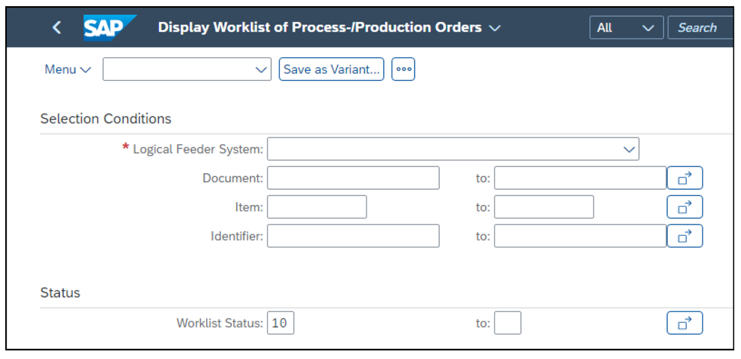 Display Worklist of Process-/Production Orders: Selection Screen