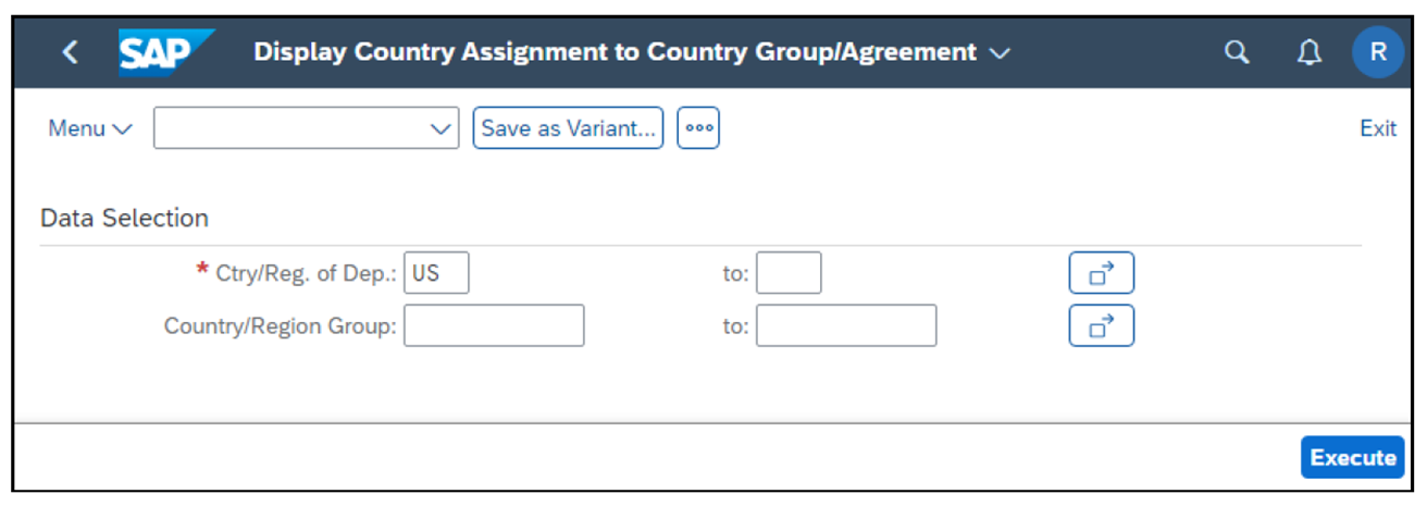 Pantalla de selección de asignación de país a grupo de países/acuerdo