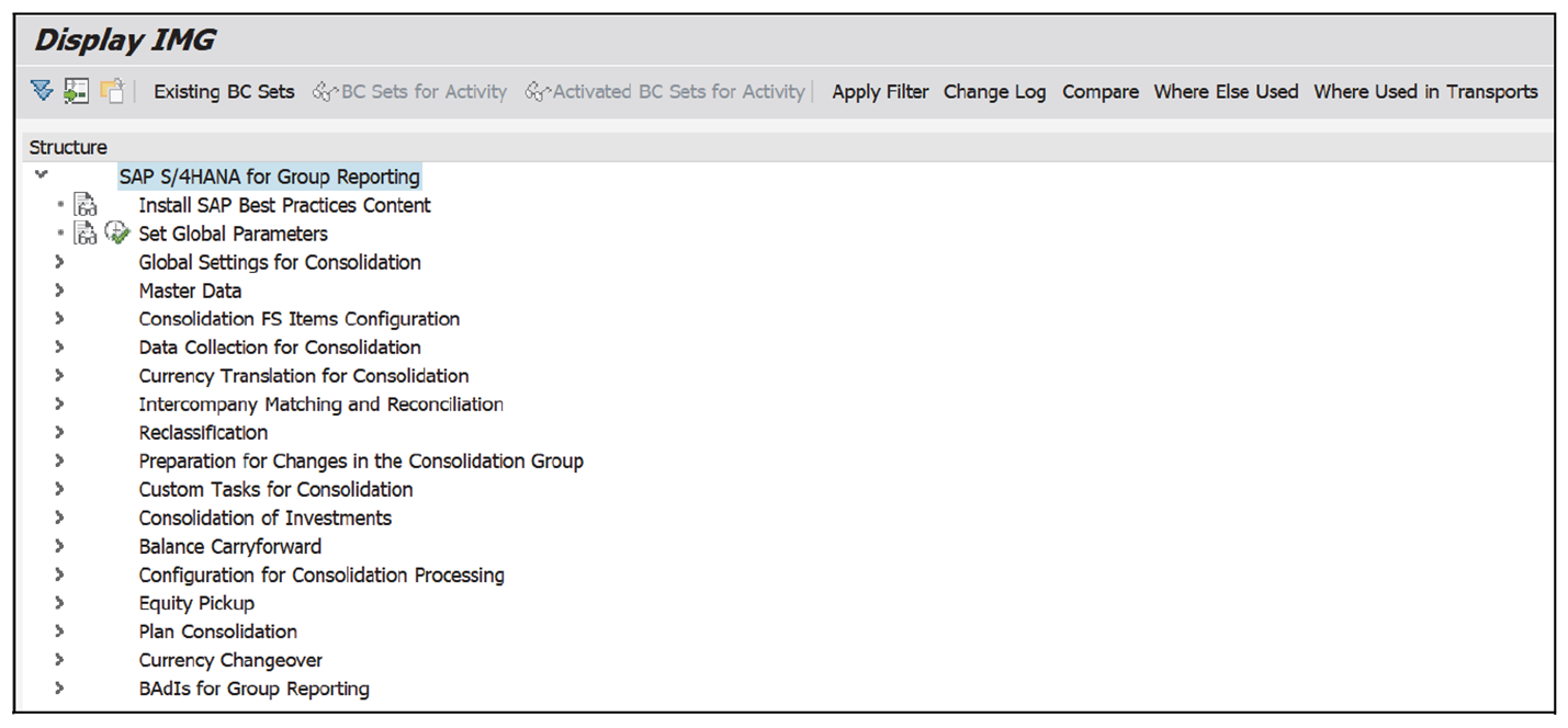 IMG for SAP S/4HANA Group Reporting