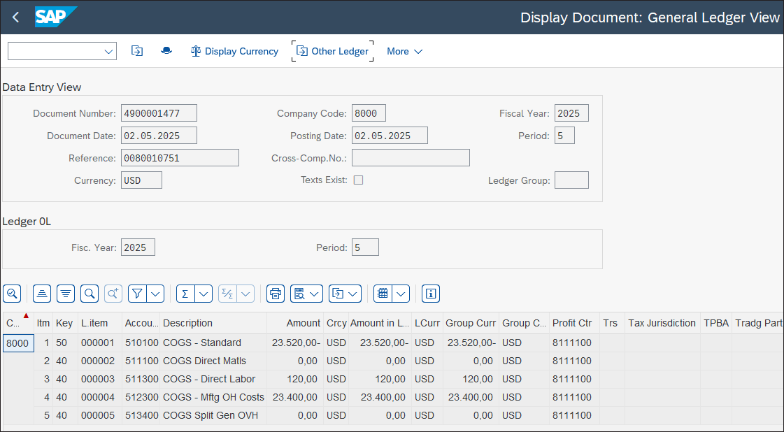 Review the Accounting Document for the COGS Split