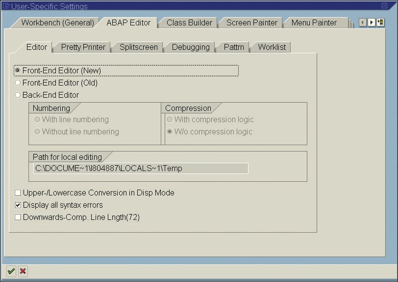 ABAP Editor Settings Screen