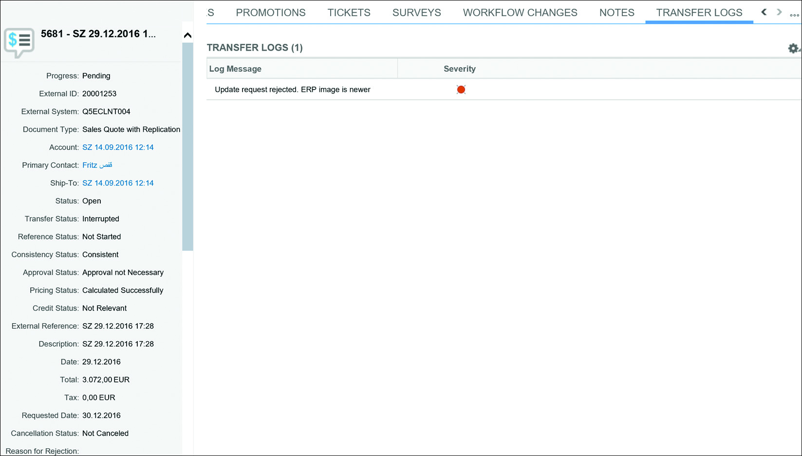 SAP Transfer Log